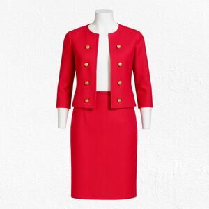 50s Vintage Red Open Front Double Breasted Blazer Pencil Skirt Wool Set Size 2